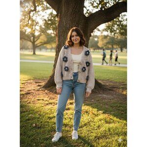 Luna Ivy Cardigan Sweater Flowers Long Sleeve Button Front V Neck Cropped XSmall